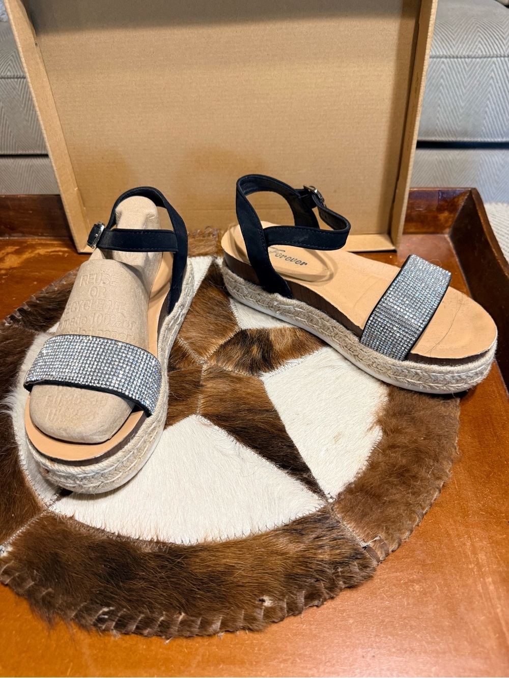 Forever 21 Black Rhinestone Espadrille Platform Sandals